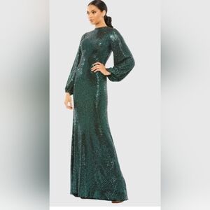 Ieena for Mac Duggal Disco Stretch Blouson Sleeve Gown 26576 Bottle Green 10 NWT